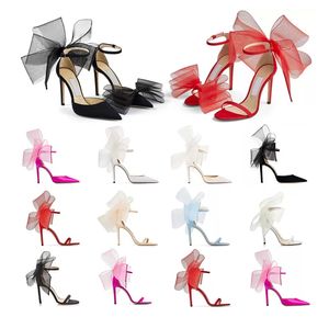 BOX Elbise Ayakkabı ile Lüks Tasarımcı Sandalet kadın yüksek topuklu Averly Asimetrik Grogren Mesh Büyüleyici Yaylar Ayakkabı ile Aveline Sandalet Pompalar