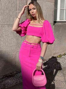 Kvinnors spårningsdräkter eleganta bodycon sexig co ord set kvinnor kläder fyrkantig hals kort puffhylsa skörd och midi blyerts kjol två bit set kvinnor t220827