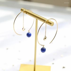 Kolczyki obręcze Lamoon naturalny lapis lazuli słoneczny księżyc Asymetria Asymetria dla kobiet 925 srebrny k Gold V089