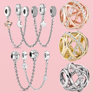 Charms in argento 925 con perline Pandora Bracciale con ciondoli Openwork Round Infinity Love Flower Moon Catena di sicurezza charmes ciondoli Gioielli con perline fini fai-da-te