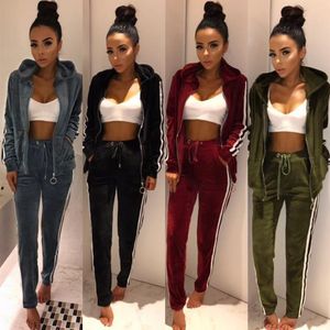 Kvinnors träningsduits 2017 Ny ankomst Kvinnor Strip Spliced ​​Velvet Tracksuit Winter Two Piece Set Top and Pants Full Sleeve Casual Velor Swea269o