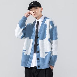 メンズセーターHouzhou Blue Cow Knitte Seater Men Cardigan Coat Y2K Green Men's Winter Vintage Harajukuルーズカジュアルメンズ服