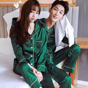 Mens Men Pyjama Ställer Silk Satin Solid Color Sleepwear Par Long Buttondown Pyjamas Home Clothes Suits Pijama Women Loungewear PJS 220827