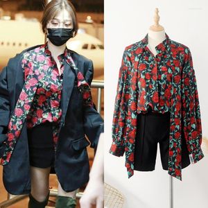 Frauen Blusen Vintage Red Floral Print Krawatte Casual Frühling Sommer Shirts frauen Design Brief Lose Tops Marke 2022