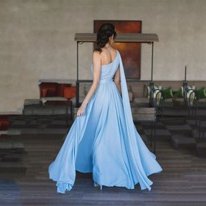 Blue One Shoulder Chiffon Formal Evening Dresses A Line Backless Prom Party Gowns Floor Length robes de soiree 2022