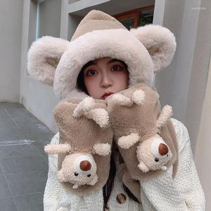 Berets 2022 Autumn Winter Warm Cute Three-Piece Plush Bear Gloves Bib Earmuffs Hat One-Piece Outdoor Plus Velvet Thick