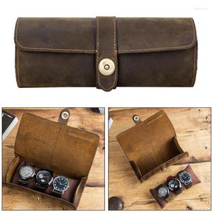 Watch Boxes Vintage Handmade Roll Jewelry Storage Pouch Organizer For Travel 3 Slot Display Box Retro Cow Leather