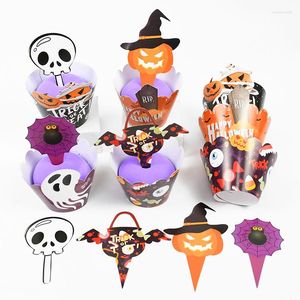 Festliga leveranser 24/48 st Halloween Cupcake Wrapper Cup Muffins Pumpkin Ghost Bat Cake Toppers för hemfestdessertdekoration