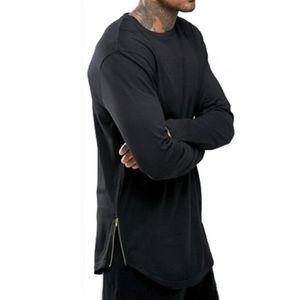 Trends M nner T Shirts Super Longline Long Sleeve T Shirt Hip Hop Bogen mit Kurve Saumseite Zip Tops Tee194K