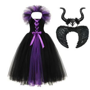 Robes Reine Fille achat en gros de Muababy Girl Maleficent Dress Up Clothes Sans manches Evil Queen Princess Tutu Robe de diable Horn Halloween Costume pour T T20062172J