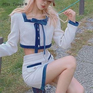 Dwuczęściowa sukienka jesienna kawaii ustawiona dla kobiet koreańska mody patchwork impreza mini spódnica mini garnitur Kobiet Długie rękawie projektantka 220826