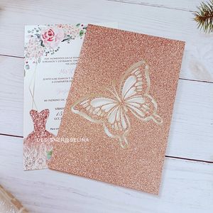 Pink Gold Powder Paper Buttefly Wedding Invitation Card DIY Laser Cut Customized Personalized Printing Sweet 15 Invites