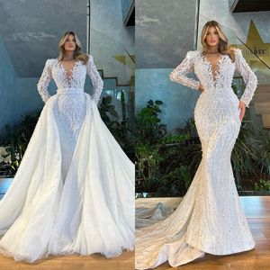 Vintage Full Beads Mermaid Wedding Dress with Detachable Train Sheer Neck Long Sleeve Crystal 3D Lace Appliques Bridal Gowns