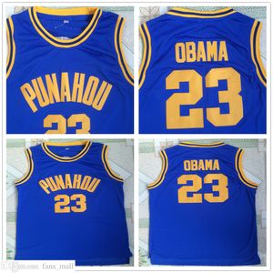 Dikişli NCAA MENS Vintage Basketbol Formaları Koleji 23 Barack Obama Punahou Lisesi Jersey Mavi Beyaz Gömlekler S-2XL İnsan için