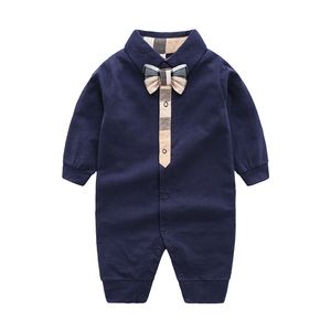 Spring/Autumn Baby Rompers White/Navy Colors Long-Sleeved Plaid Bowknot 100% Cotton Newborn Boy Girl Jumpsuits 0-24 months Children Pajamas