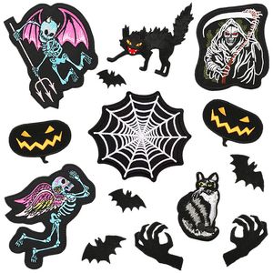 Notions 14 Stück Halloween-gestickte Aufnäher, Spinnennetz-Kürbis-Applikationen, zum Aufbügeln für Kleidung, Jeans, Jacken