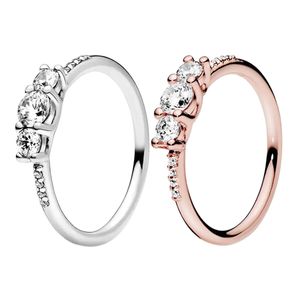 Gold Rose Three Stone Ring Women Girls Wedding Gift Jewellry para Pandora Real Sterling Silver Lover Rings con caja original