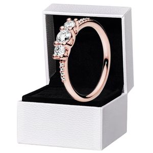 Anel de três pedras claras femininas autênticas 925 prata jóias de casamento rosa de ouro rosa para pandora cz diamante namorada anéis de presente com caixa original