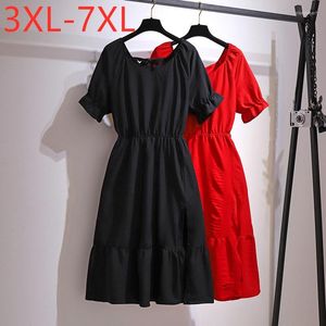Plus Size Dresses 2022 Ladies Summer Midi Dress For Women Large Short Sleeve Slim Red Black Ruffle Pleated 3XL 4XL 5XL 6XL 7XL