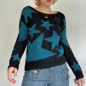 Kadın Sweaters Y2K Sweater Kış Yıldızı Baskı Yuvarlak Boyun Mektup Uzun Kollu Kazak Kore Moda Jakquard Örgü Bayanlar Top Büyük Boy Altı 220827
