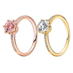 Gelbvergoldete Kronen-Solitärringe aus Sterlingsilber für Damen und Mädchen, Designer-Hochzeitsschmuck für Pandora, Roségold-Liebhaberring mit Originalverpackung