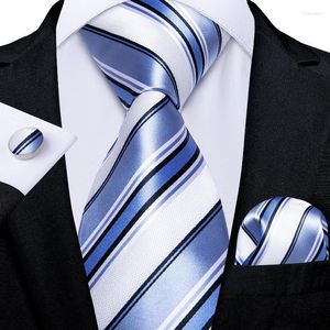 Bow Ties Classic 8cm Wide Men's Blue White Striped Silk Set Business Wedding Tie Pocket Square Cufflinks Gifts For Men DiBanGu