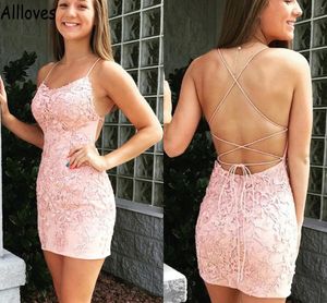 Sexy Pink Short Homecoming Prom Dresses Delicate Full Lace Appliqued Spaghetti Straps Criss-cross Back Back To School Party Gowns Mini Slim Cocktail Club Wear CL1007