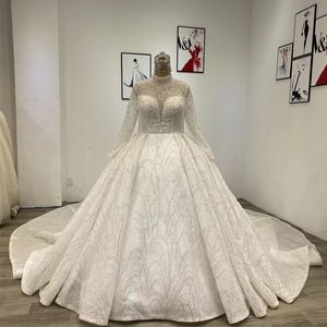 Plus Size Crystal Ball Gown Wedding Dress High Neck Beading Long Sleeve Illusion Tulle Bride Dresses Robe De Mariee Bridal Gowns