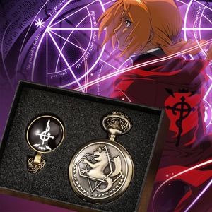 Taschenuhren Fullmetal Alchemist Uhr Halskette Geschenke Sets Bronze Quarz Japan Anime Anhänger Steampunk Uhr Reloj De Bolsillo