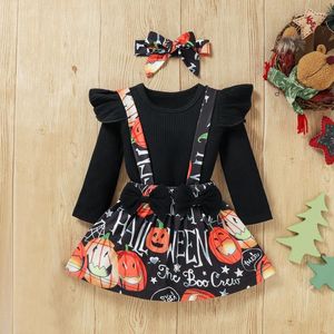 Kläduppsättningar Småbarn Baby Girls Solid Color Long Sleeve Tops Halloween Pumpkin Print Suspender kjolar kläder Set kläder tonåringar