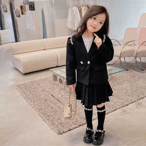 Clothing Sets Spring Autumn Girls 2 Pcs Set Baby Blazer Pleated Skirt Kids Suits Children Clothes Fashion Faux Crystal Preppy Style 3-13Y