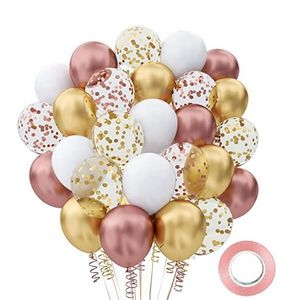 Party-Dekoration, 30,5 cm, Roségold, Konfetti, Latex-Luftballons, Weiß-Metallic-Gold-Luftballons, Band für Abschlussfeier, Geburtstag, Hochzeit, MJ0780