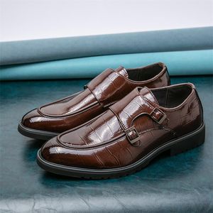 Monk Men Shoes Solid Color PU Round Head Stone Pattern Double Buckle Fashion Business Casual Daily All-match AD017