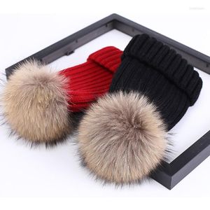 Berretti Inverno Donna Pompon Berretti Caldo lavorato a maglia Bobble Ragazza Bambini Primavera Outdoor Cappelli foderati Vera pelliccia di procione Cappello casual Cap