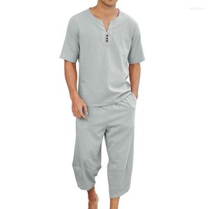 Tute Lino estivo T-shirt a maniche corte Pantaloncini Abito a due pezzi Set da uomo Comodo cotone sottile traspirante e casual