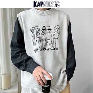 Mens Vests KAPMENTS Men Cartoon Harajuku Sweater Vest Winter Mens Japanese Streetwear Knitted Sweaters Male Loose Vintage Knitted Vest 220829