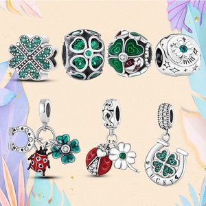 925 Silver bead fit Charms Pandora Charm Bracelet Clover Lucky Charm Green charmes ciondoli DIY Fine Beads Jewelry 001