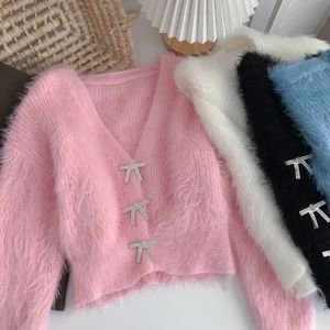Kurtki damskie swetry dla kobiet Jumn Sweet Sweet V Długie rękaw Różowy swetra Krótki płaszcz Mohair Pull Delikatna Wodoodporna Norca 220827