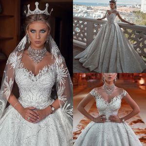 Vestido de novia con purpurina, cuello en V, apliques de encaje, vestidos de novia con cuentas y lentejuelas, bata de Arabia Saudita de mariee