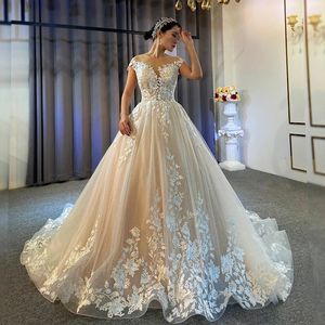 Luxury A Line Wedding Dresses Plus Size Beading Bridal Gowns Cap Sleeves Lace Appliqued Sequined Arabic Dubai Vestidos De Novia