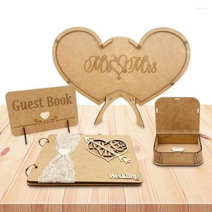 Decoração de festa Wood-Hearts Shaped Guest Book Sign Decor com Cartões de identificação de suporte Casamentos Partes de festas