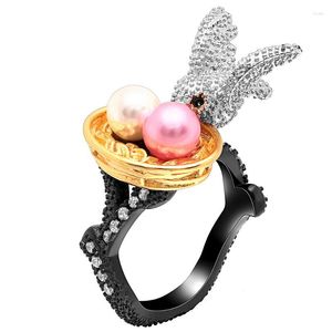 Alyans Ufooro Altın Bird's Nest Gümüş Kuş Sevimli Yuvarlak Yumurtalar Oluşturuldu Siyah Yüzük Nutural Stil Takı Kadınlar Bijoux Anillo