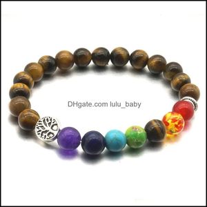 Braccialetti con ciondoli Albero della vita 8Mm Bracciali con sette chakra Occhio di tigre Perline di pietra Braccialetto elastico Pray Stringhe a mano con perline Je Lulubaby Dhg6B