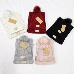 Woman Beanie Warms Knitted Hats And Scarf Set High Quality Winters Real Fur Pompon Winter Hat Keep warm 180 22CM Cap Scarf Sets