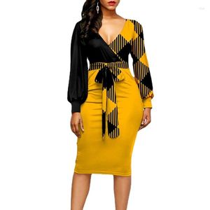 Casual Dresses Party For Women 2022 Fashion Sexy V Neck Printed Bodycon Dress Lace-up Lantern Sleeve Slim Office Lady Work Clothing