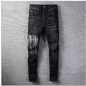 Herrendesigner Jeans High Elastics Distressed Ripped Slim Fit Motorcycle Biker Denim für Männermodische schwarze Hosen#030 2 723