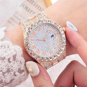 Wristwatches Men Women Watch Luxury Date Quartz Bling Full Rhinestones Watches Cuban Hand Chain Fashion Jewelry