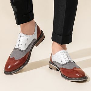 Herrenschuhe Bullock Herren Business Kleid Atmungsaktive Handarbeit Nähen Retro Lässig Spitzschuh Weiß Gelb Schnüren