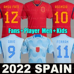 2022 Spanien Soccer Jerseys Espana Ansu Fati Asensio Morata Pedri Ferran Gavi Azpilicueta C Soler World Ramos Cup Fans Player Version Football Shirts Men Kids Kit