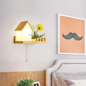 Wall Lamps Nordic LED Lamp Bedside Solid Wood Light Fixture Creative Glass House Bedroom Sconces Indoor Lighting